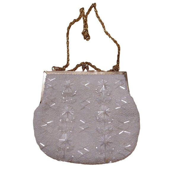 Vintage White Beaded Bridal Purse Bag Gold Tone Hardware - Picture 2 of 9